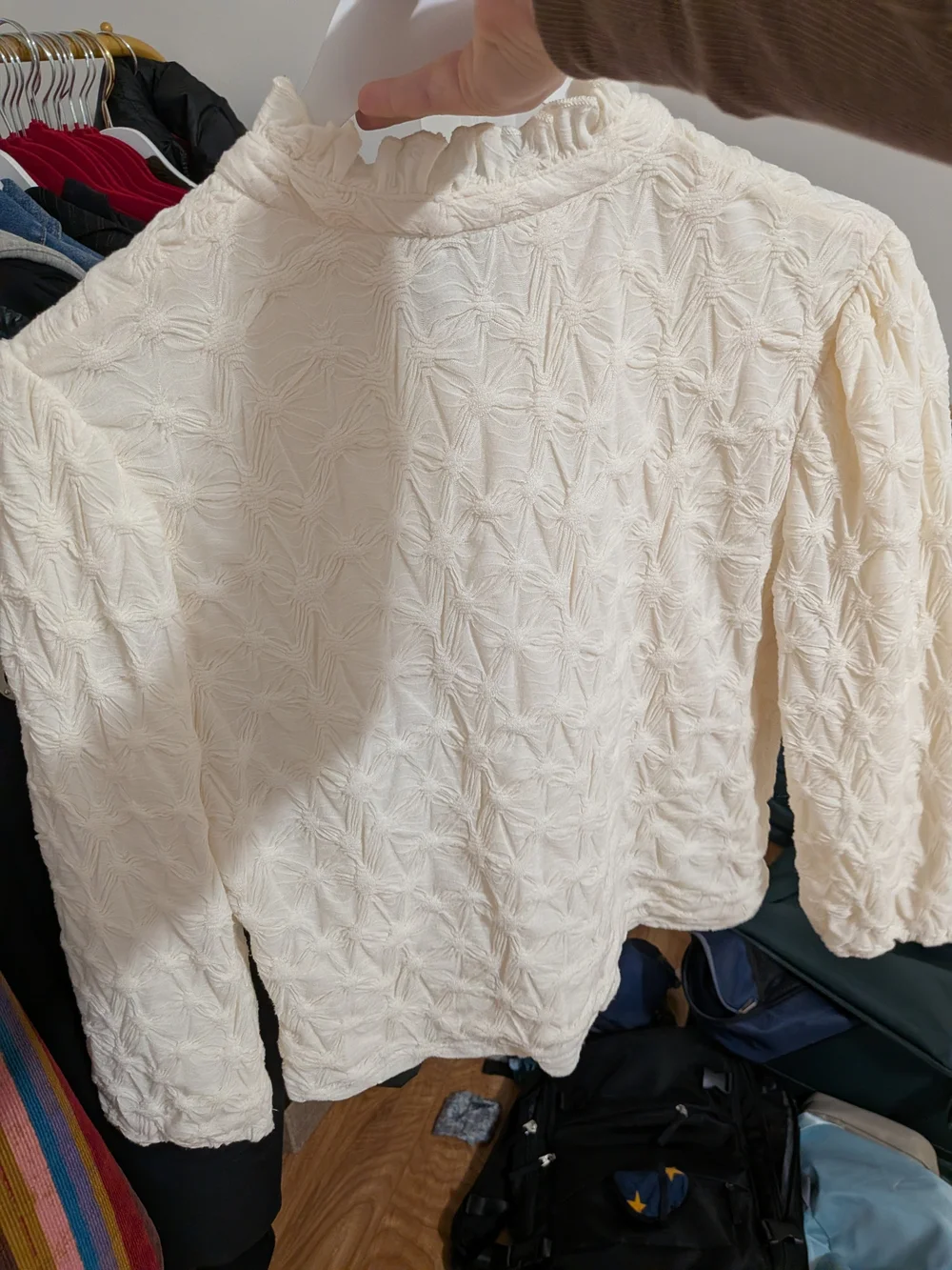 Textured Cream Ruffle Neck Button Front Top - Picture 2 of 3